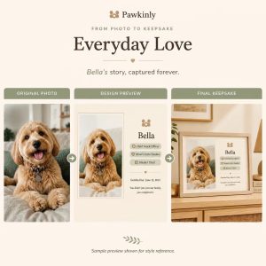 Personalized Pawkinly pet story frame with custom pet photo and story details